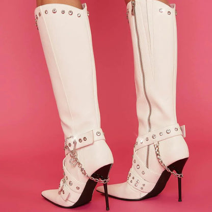 White Pointed Toe Studded Heart Buckle Stiletto Knee High Boots