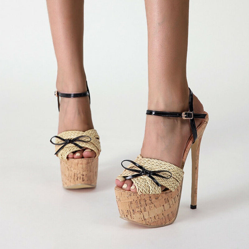 Beige & Black Woven Strap Platform Heels Ankle Strap Bow Sandals