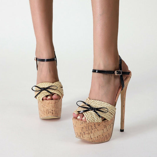Beige & Black Woven Strap Platform Heels Ankle Strap Bow Sandals