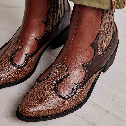 Brown Snakeskin Western Boots Block Heel Chelsea Booties for Women