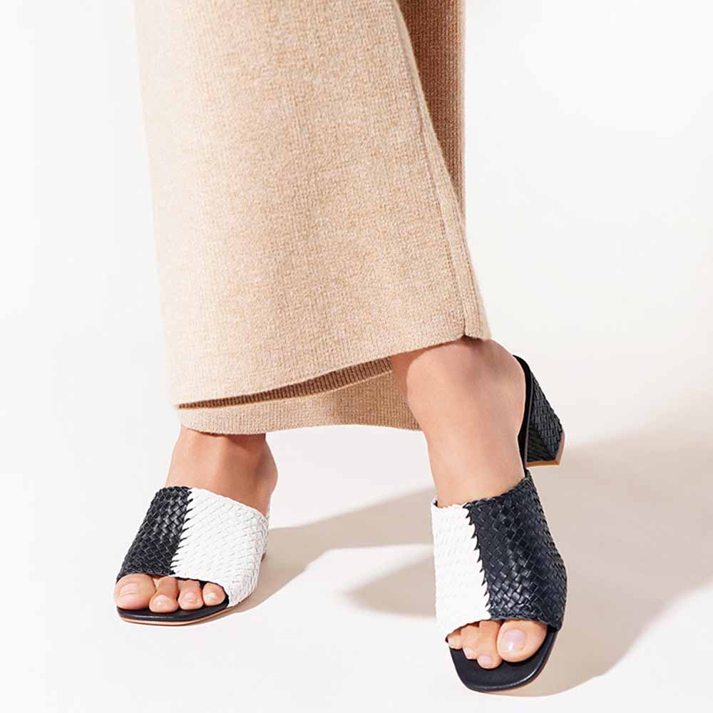 Black & White Woven Square Toe Block Heel Mules Sandals for Women