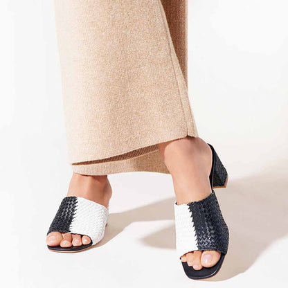 Black & White Woven Square Toe Block Heel Mules Sandals for Women