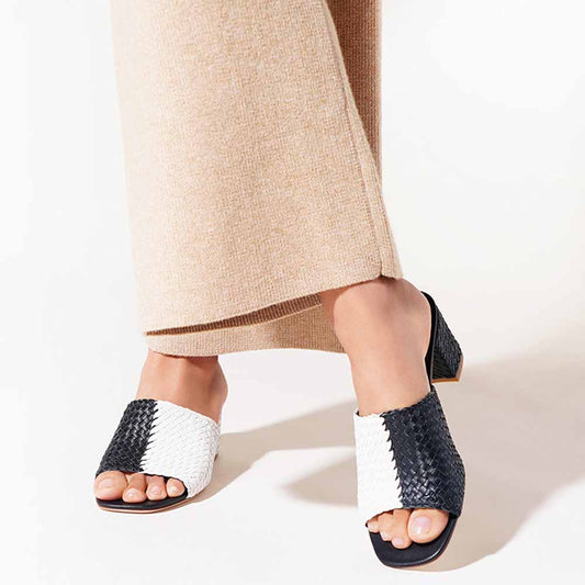 Black & White Woven Square Toe Block Heel Mules Sandals for Women