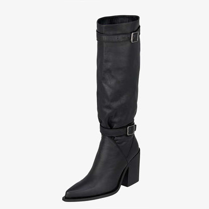 Black Vegan Leather Pointed Toe 3__ Chunky Heel Knee High Boots