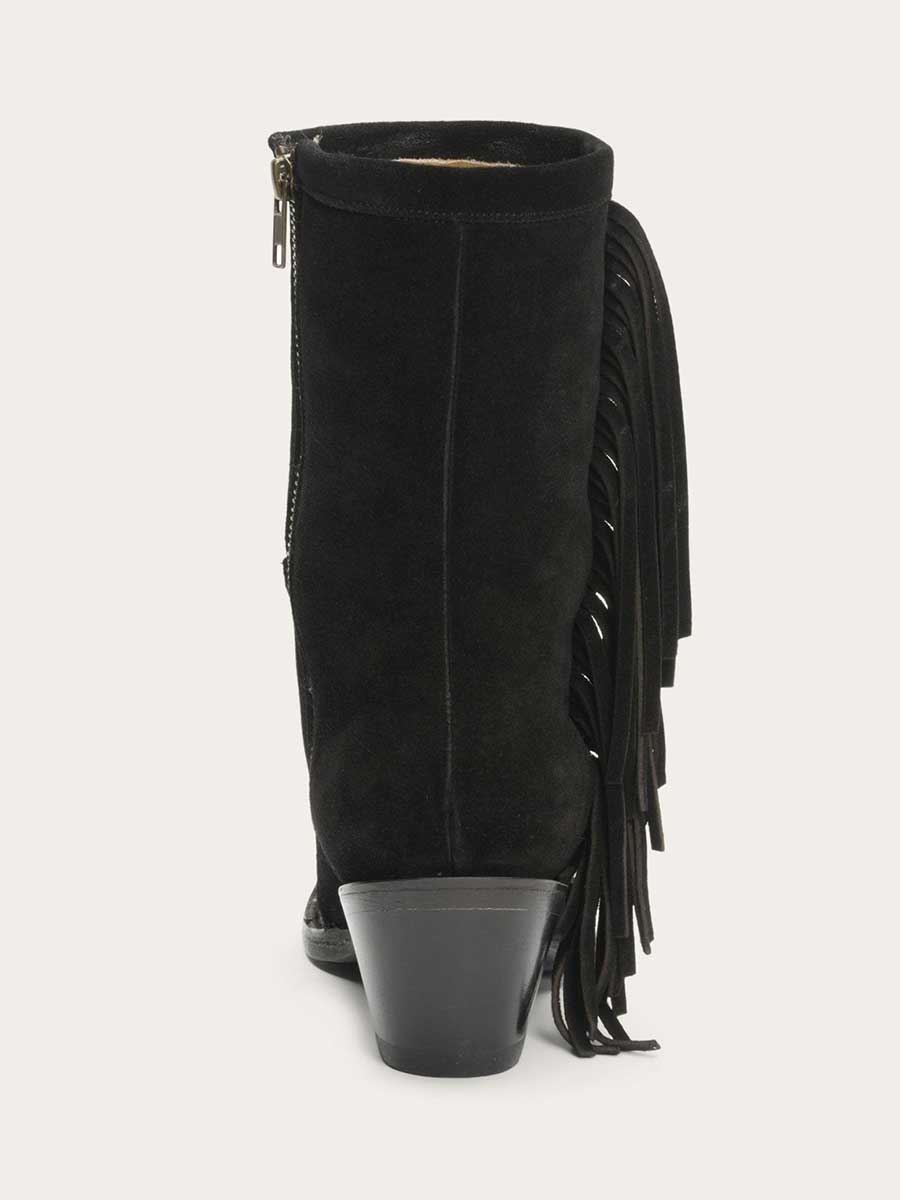 Black Faux Suede Snip Toe Angle Fringe Side-Zipper Cowgirl Ankle Boots With Chunky Heels