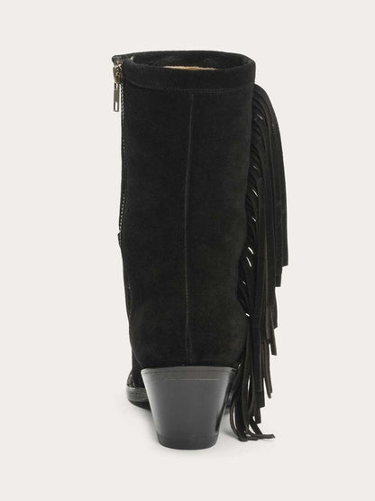 Black Faux Suede Snip Toe Angle Fringe Side-Zipper Cowgirl Ankle Boots With Chunky Heels