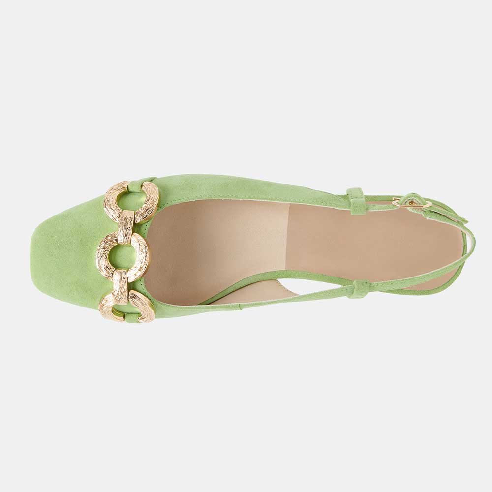 Green Vegan Suede Square Toe Gold Chain Slingback Casual Flats