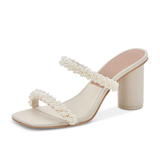 White Pearls Strap Open Square Toe Cylinder Heel Womens Mules Shoes