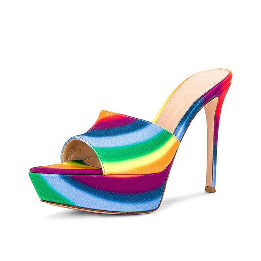 Women's Multicolor Pointed Toe Platform Mules with Stiletto Heel
