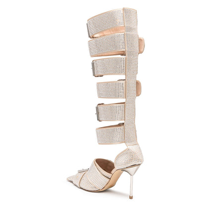 Champagne Satin Crystal Embellished Buckled Straps Knee High Boots