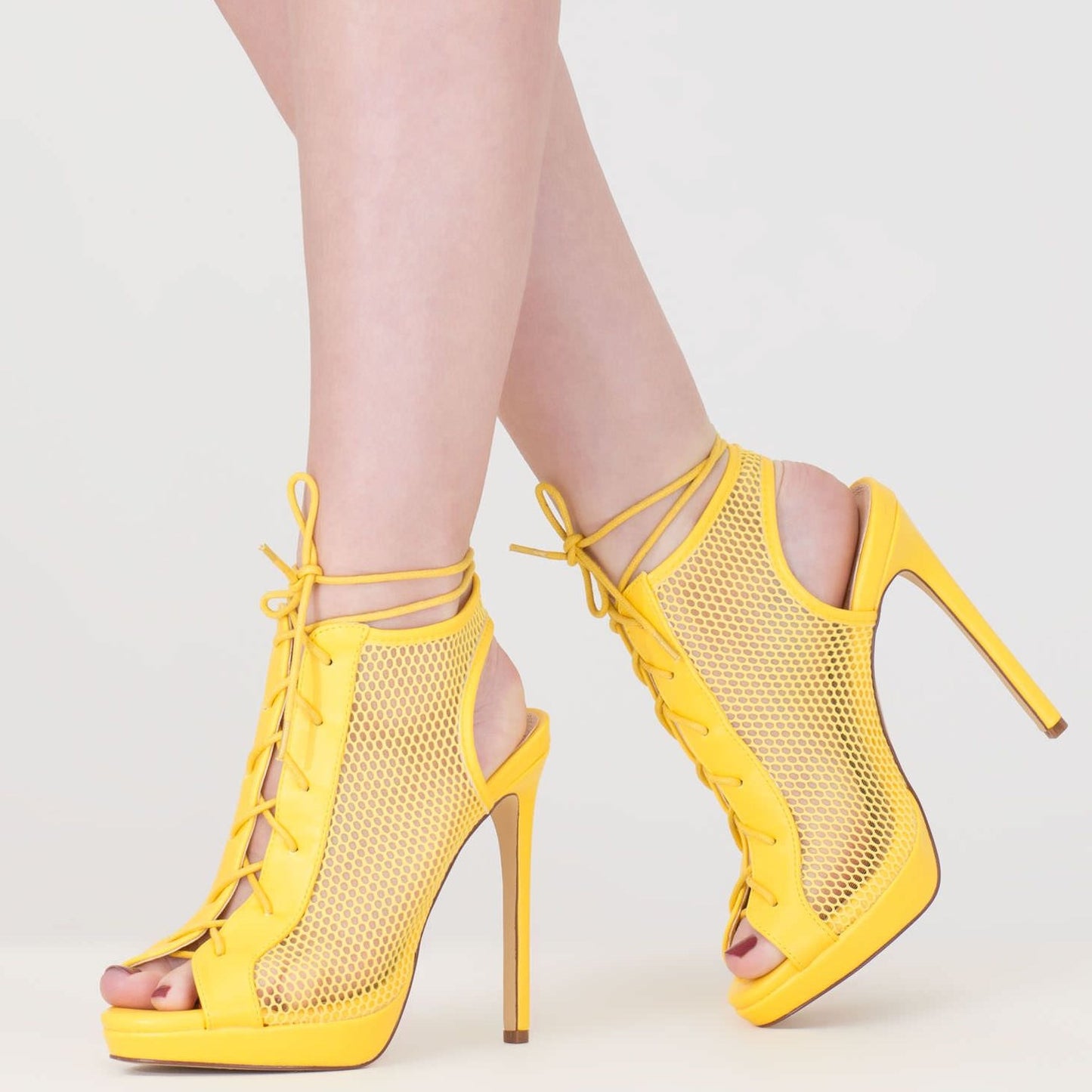 Yellow Mesh Platform Ankle Boots Hollow Out Slingback Lace-Up Sandals
