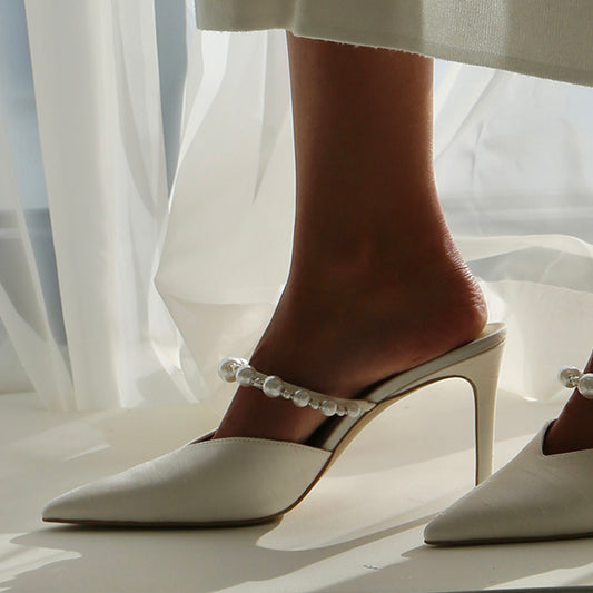 White Suede Closed Pointed Toe Mules With White Pearl Decorated Strappy Stiletto Heels