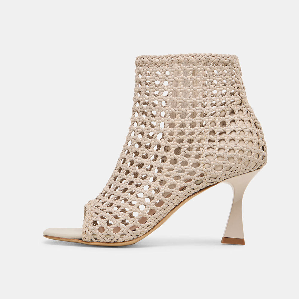Beige Woven Cut-Out Open Square Toe Flared Heel Zipper Summer Boots