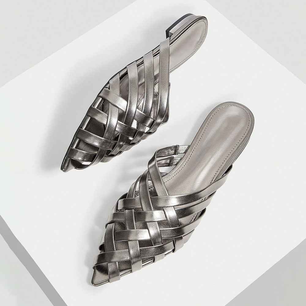 Women's Woven Metallic Finish Pointed Toe Flat Mules Sandals in Gray