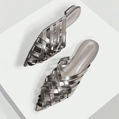 Women's Woven Metallic Finish Pointed Toe Flat Mules Sandals in Gray