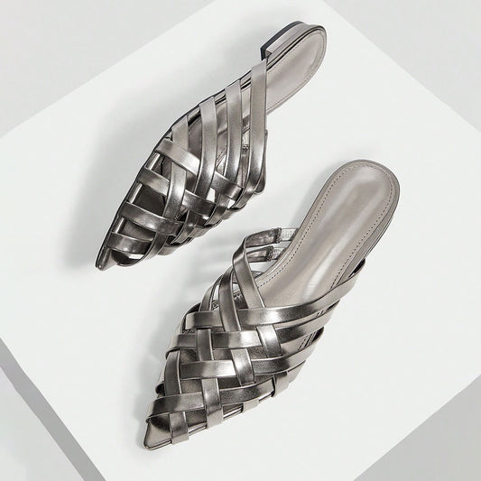 Women's Woven Metallic Finish Pointed Toe Flat Mules Sandals in Gray