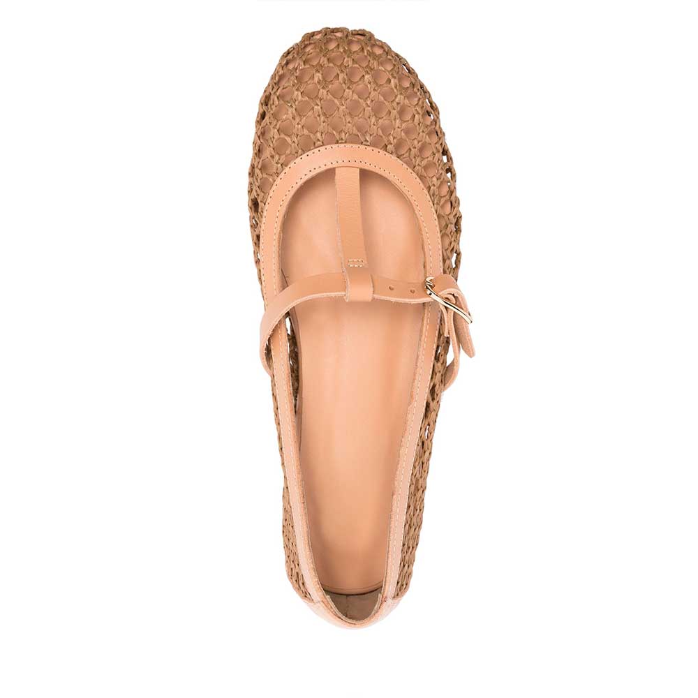 Nude Vegan Leather Round Toe Flat T-Strap Woven Ballet Shoes