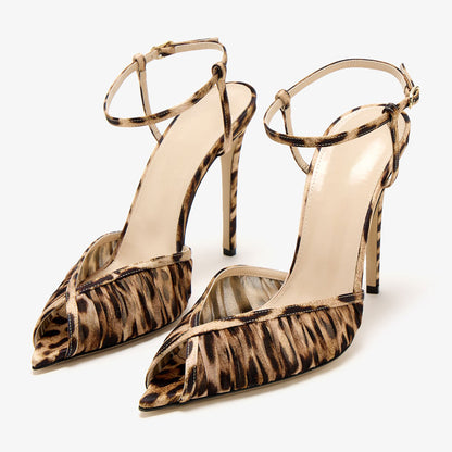 Brown Animal Print Peep Toe Ankle Strap Pleated Women's Heel Sandals