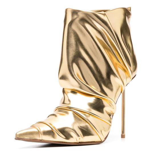 Stylish Metallic Gold Pointy Toe Stiletto Heel Pleated Ankle Boots