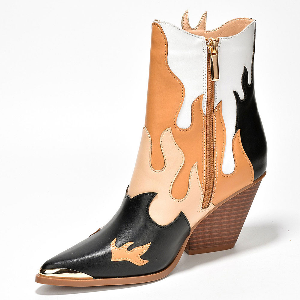 Black Metal Pointed Toe Flame Booties Stacked Heel Ankle Boots