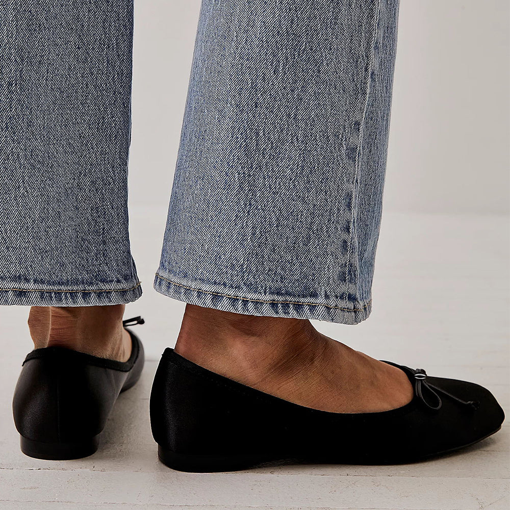Black Satin Square Toe Flats With Bow Decor Women's Flats