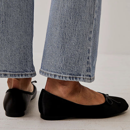 Black Satin Square Toe Flats With Bow Decor Women's Flats