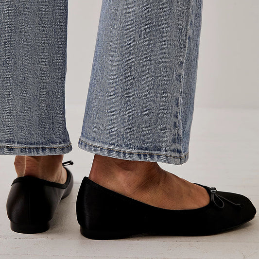 Black Satin Square Toe Flats With Bow Decor Women's Flats