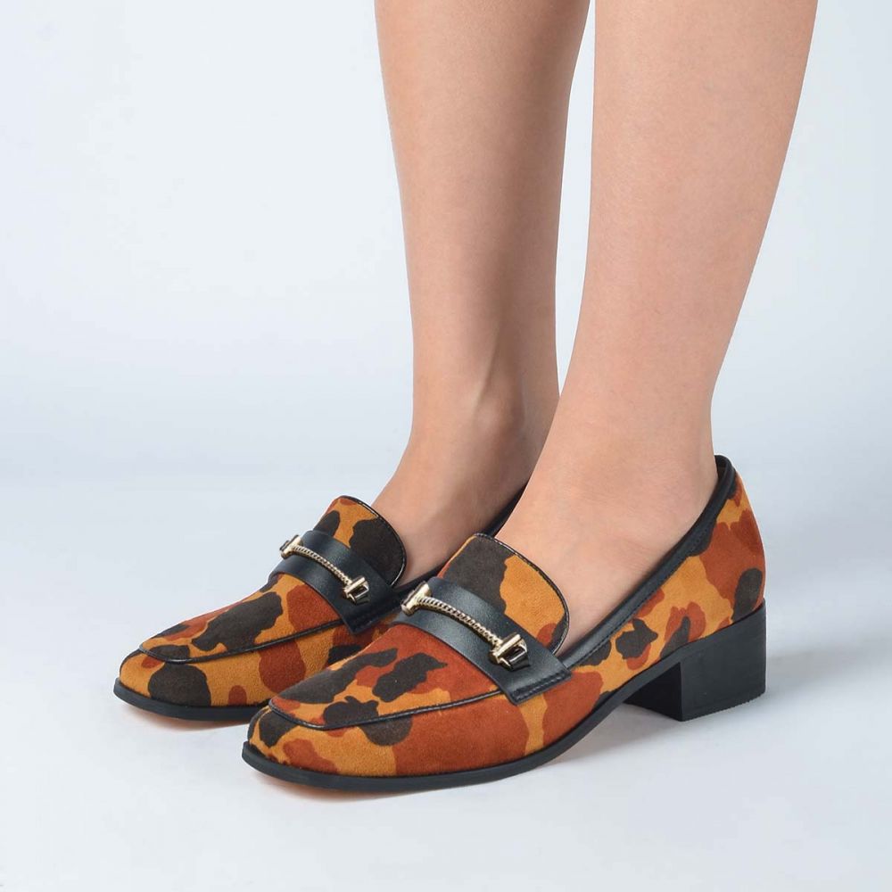 Brown Cow Print Low Chunky Heel Women's Loafers with Metal Accent