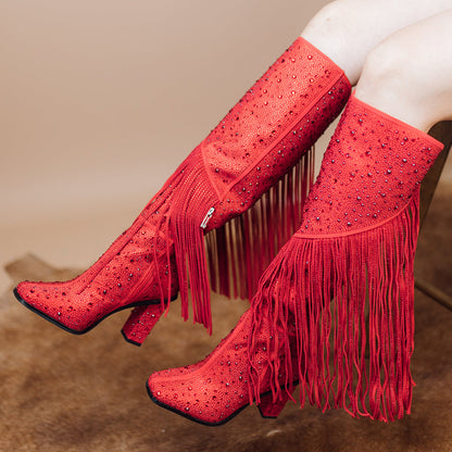 Elegant Red Square Toe Rhinestone Heeled Knee High Boots with Fringe