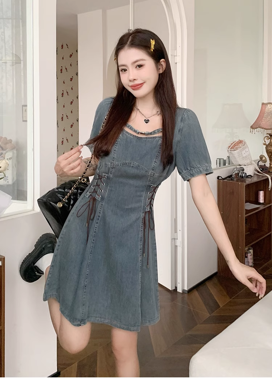 New Fashion Waist-cinching Design A-line Short-sleeved Denim Dress TP3316