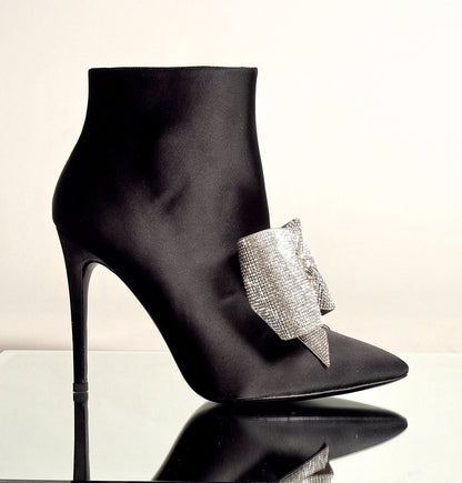 Black Satin Stiletto Booties Pointy Toe Rhinestone Bow Ankle Boots