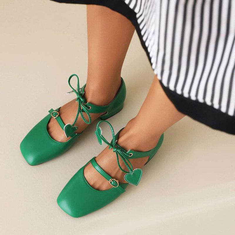 Green Women's Square Toe Block Heels Vintage Loafers Lace Up Pumps