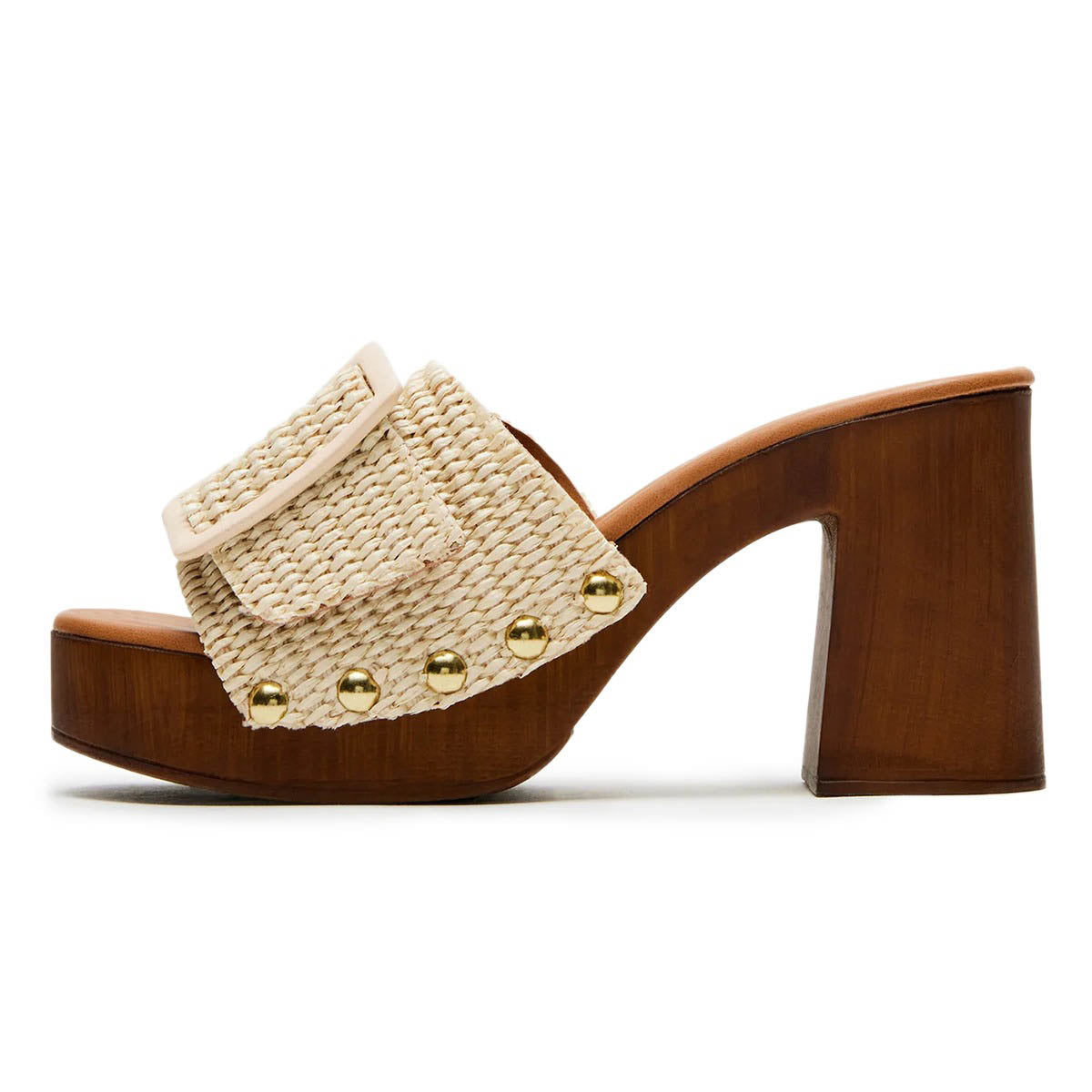Beige Raffia Woven Open Toe Buckle Platform Mules Sandals with Studs