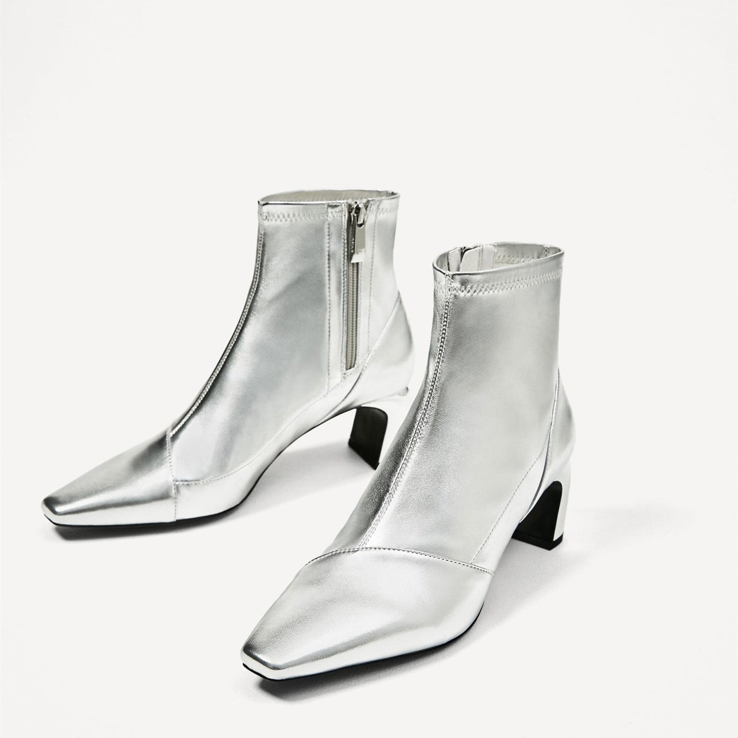 Silver Metallic Square Toe Chunky Heel Side Zip Ankle Boots