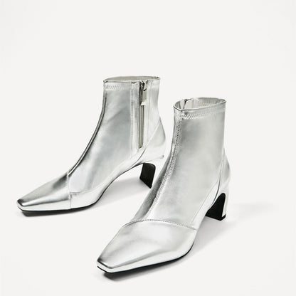 Silver Metallic Square Toe Chunky Heel Side Zip Ankle Boots