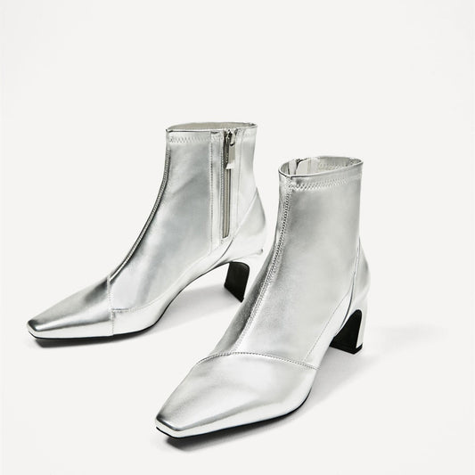Silver Metallic Square Toe Chunky Heel Side Zip Ankle Boots