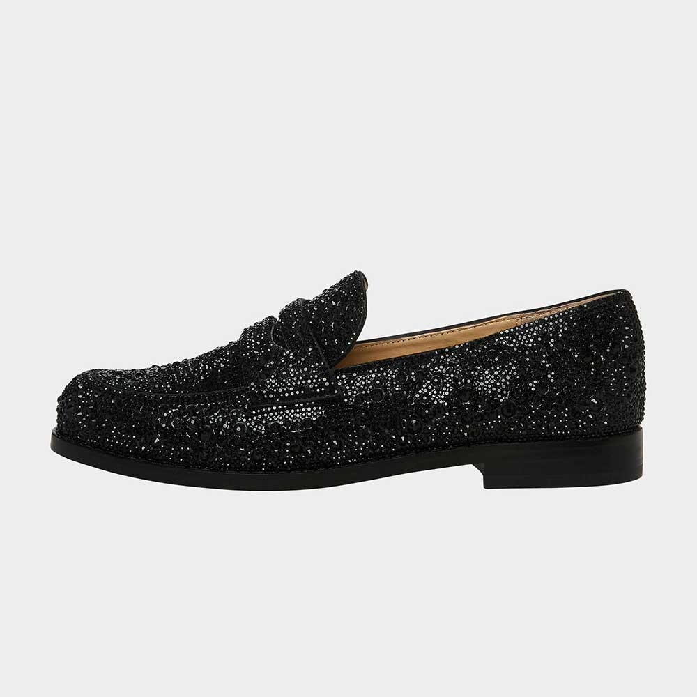 Black Slip-On Round Toe Rhinestone Embellished Women's Loafers
