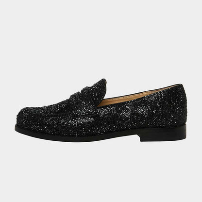 Black Slip-On Round Toe Rhinestone Embellished Women's Loafers