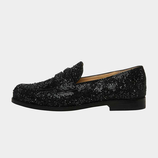 Black Slip-On Round Toe Rhinestone Embellished Women's Loafers