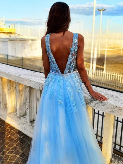 A-line Applique Tulle Prom Dress With Sweep Train,Wp450