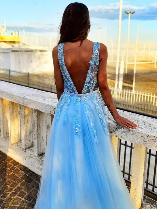 A-line Applique Tulle Prom Dress With Sweep Train,Wp450