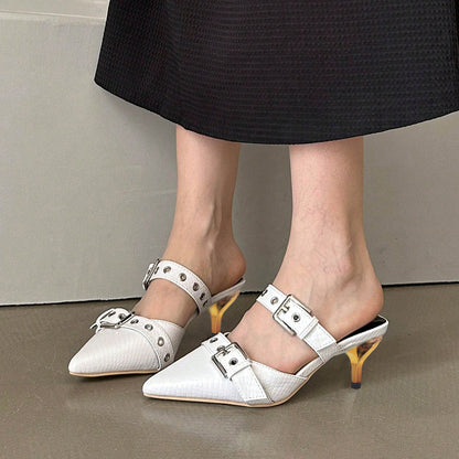 White Pointed Toe Kitten Heel Studded Mules