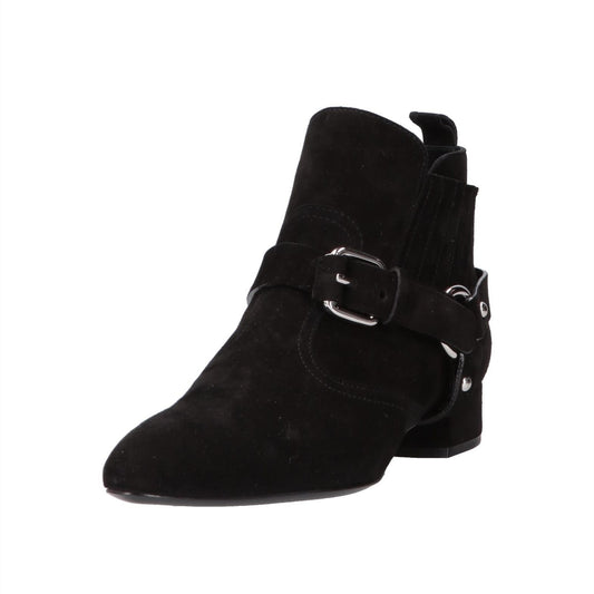 Black Buckle Fashion Booties Block Heel Vegan Suede Ankle Boots
