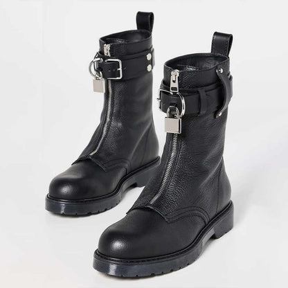 Black Round Toe Low Heel Front-Zip Ankle Boots with Buckle Straps