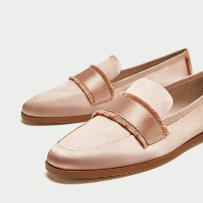 Blush Satin Loafers for Women Cute Round Toe Flats with Fringe