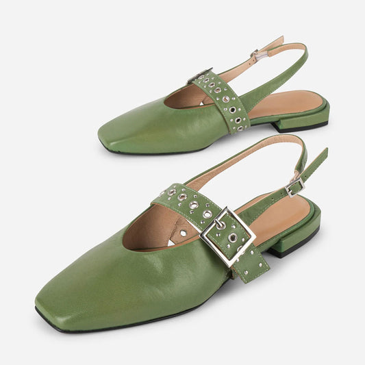 Green Vegan Leather Square Toe Grommet Strap Slingback Flats