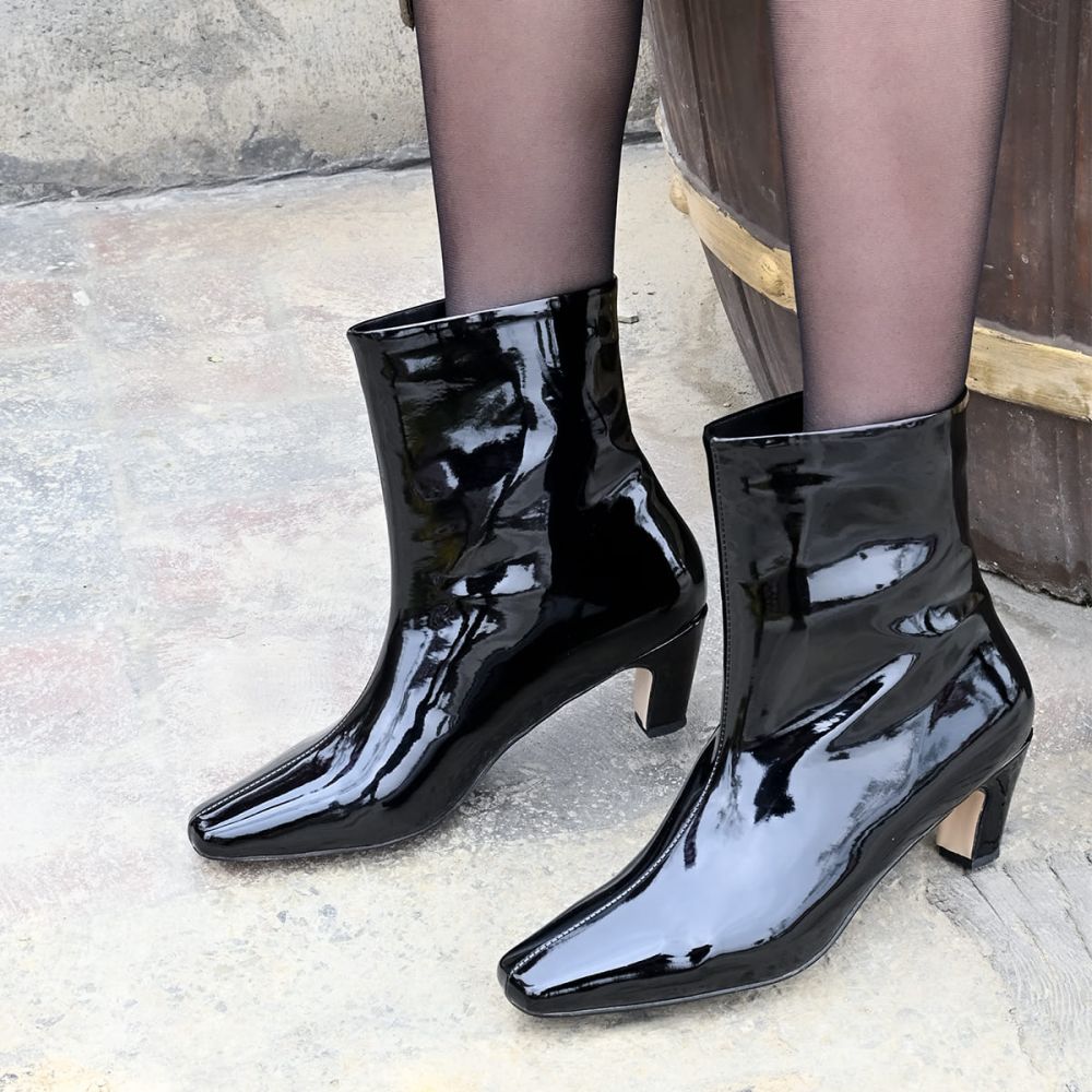 Women's Black Patent Leather Square Toe Low Heel Ankle Boots