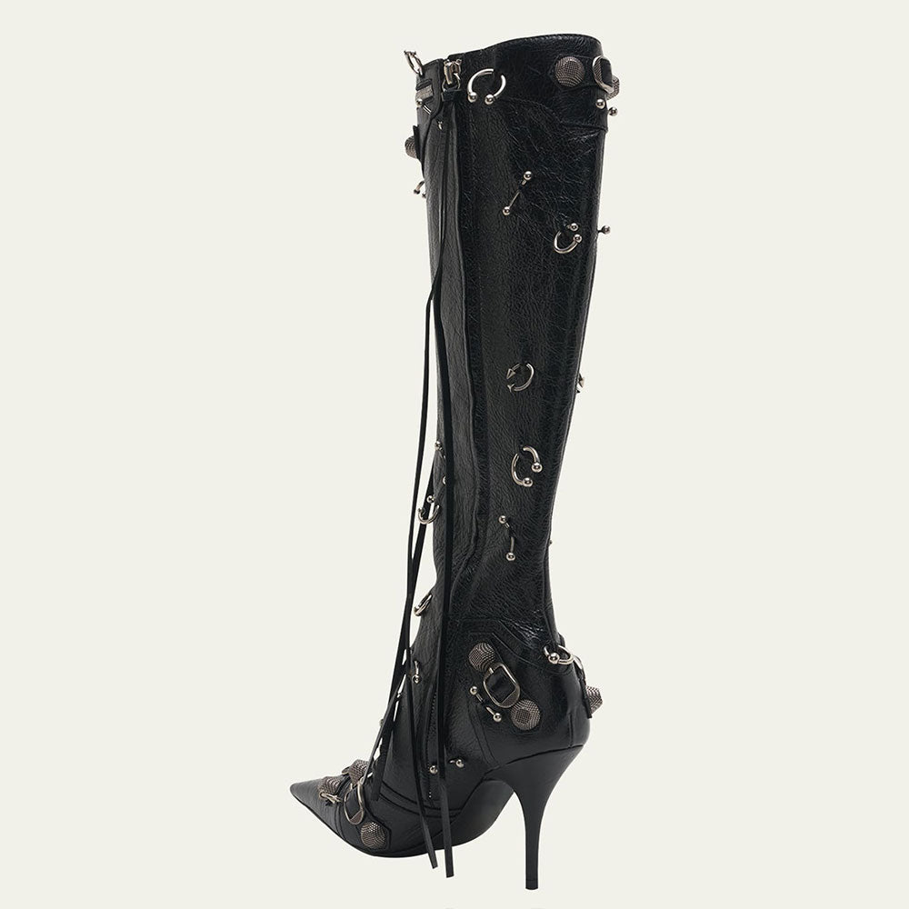 Black Pointed Toe Studded Buckled Knee High Boots with Ring-Piercing