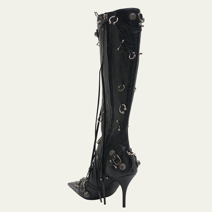 Black Pointed Toe Studded Buckled Knee High Boots with Ring-Piercing