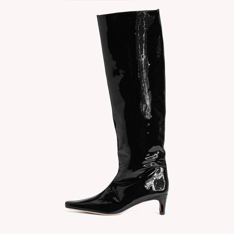 Black Patent Leather Pointed Toe Low Heel Knee High Boots for Women